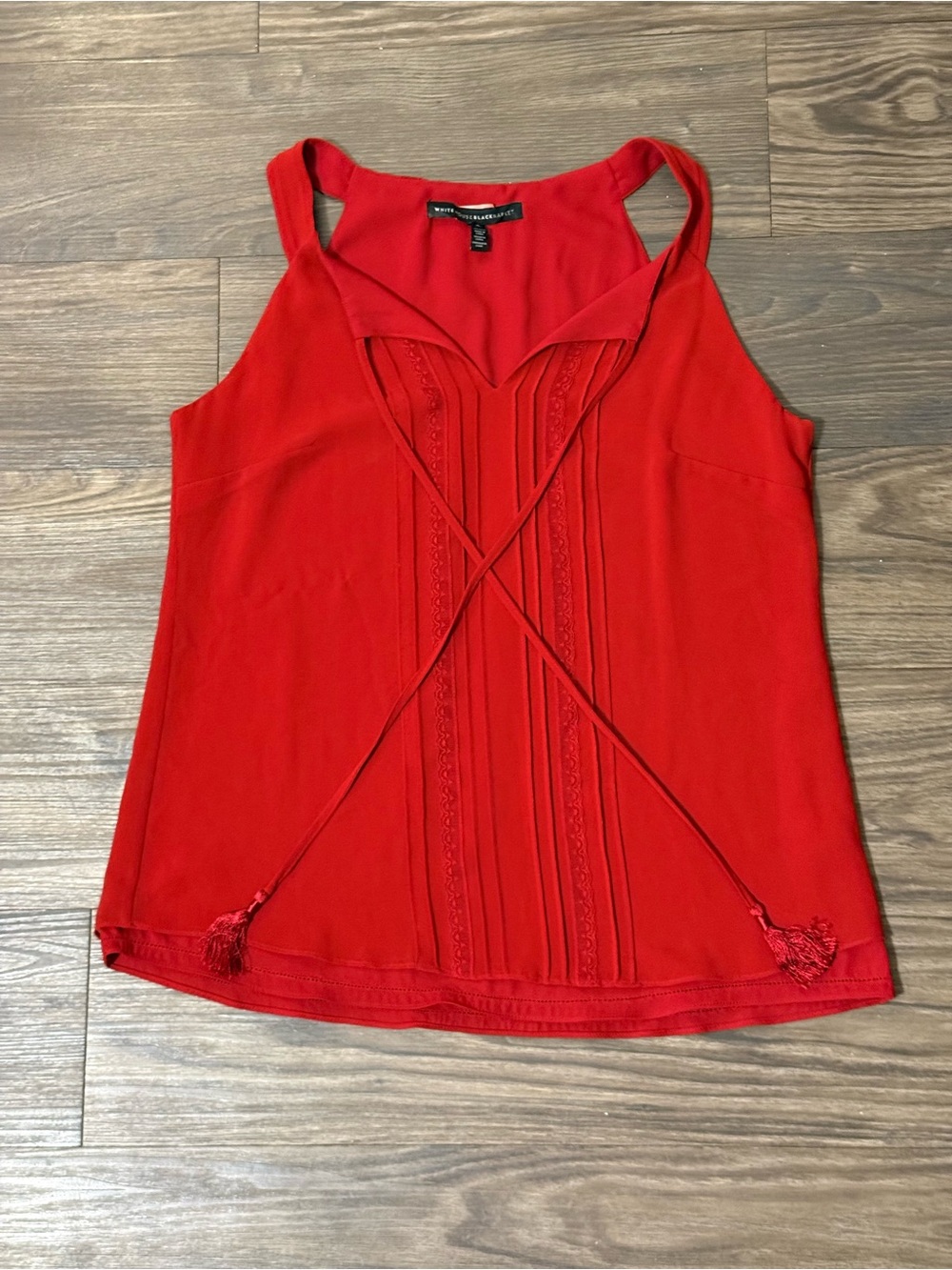 White House Black Market Red Sleeveless V-Neck Tank with Tassel Ties